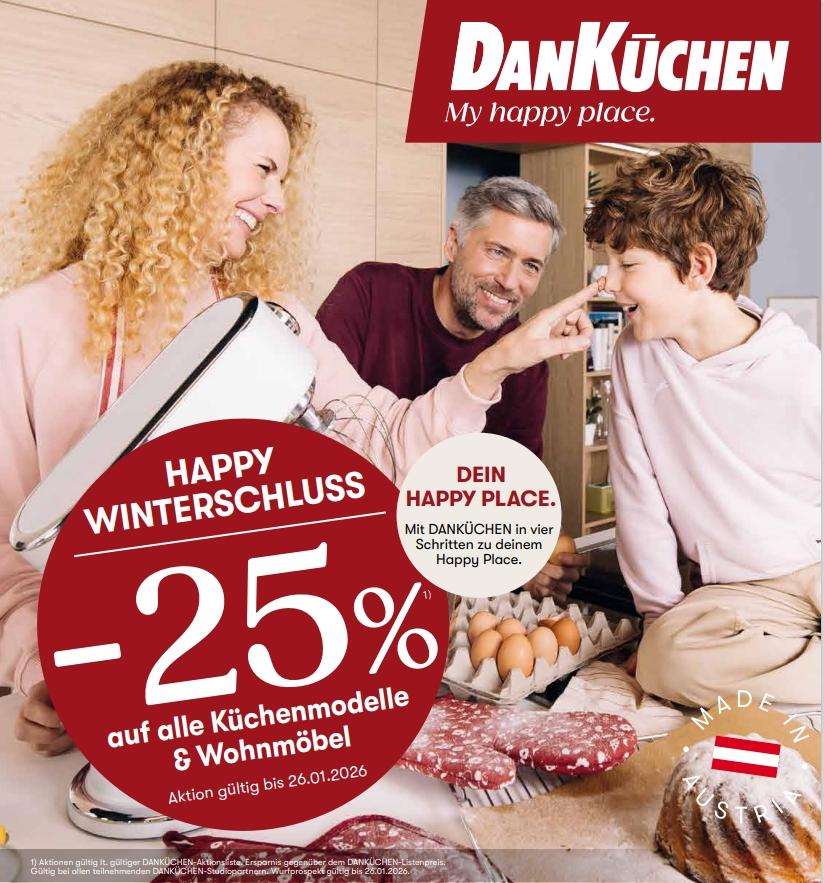 Familie beim Backen in einer modernen Küche von DanKüchen, mit einem Rabattangebot von 25%