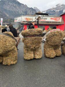 Menschen in Strohkostümen bei einer traditionellen Veranstaltung mit Bergen im Hintergrund